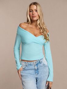 SHEIN BAE Women's Solid Mint Green Off-Shoulder Long Sleeve Knit Striped Top, Autumn/Winter - Mint Green - View 4