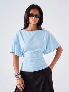 LYSMO Women's Casual Comfortable Wide Collar Light Blue Ruched Waist Mid-Length Sleeve Top - Baby Blue - View 6