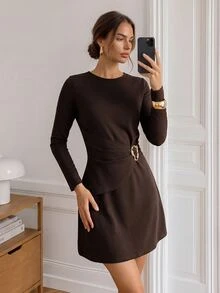 Easowa Women's Mini Dress With Ruched Waist, Metal Buckle, A-Line, Long Sleeve, Casual Relaxed Elegant Commuter Old Money Style, Autumn/Winter - Brown - View 2