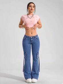 SHEIN PETITE Celana Jeans Denim Model Bell Bottom Pinggang Rendah Kasual dengan Desain Washed - Biru - View 5