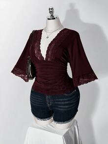 SHEIN ICON 女款大尺碼復古性感千禧風Y2K簡約休閒優雅通勤都市現代蕾絲P - 棕色 - 查看 7