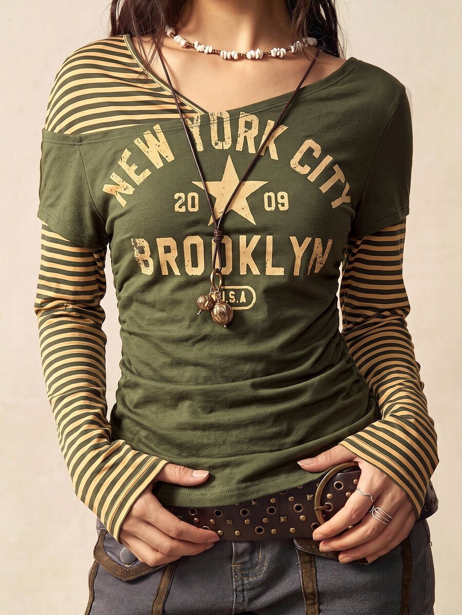 Bohemela Women's Letter Print 2 In 1 Patchwork Casual Everyday Long Sleeve Top - Green - View 1