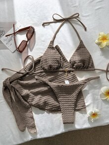 Swim Mod 女款春夏提花布料掛脖金屬裝飾裙 3 件式比基尼套裝 - 棕色 - 查看 4