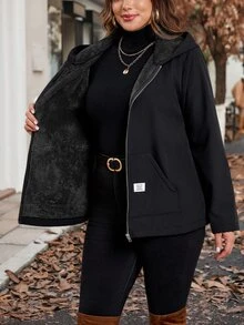 SHEIN Clasi 大尺碼女款純色抓絨內裡休閒百搭日常長袖夾克 - 黑色 - 查看 5