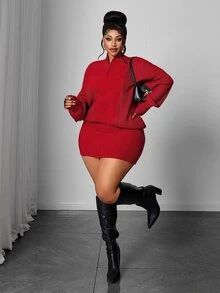 Maweii Plus Size Women's Bodycon Loose Slimming Deep V-Neck Knit Dress, Suitable For Autumn/Winter Innerwear And Outerwear - Red - View 6