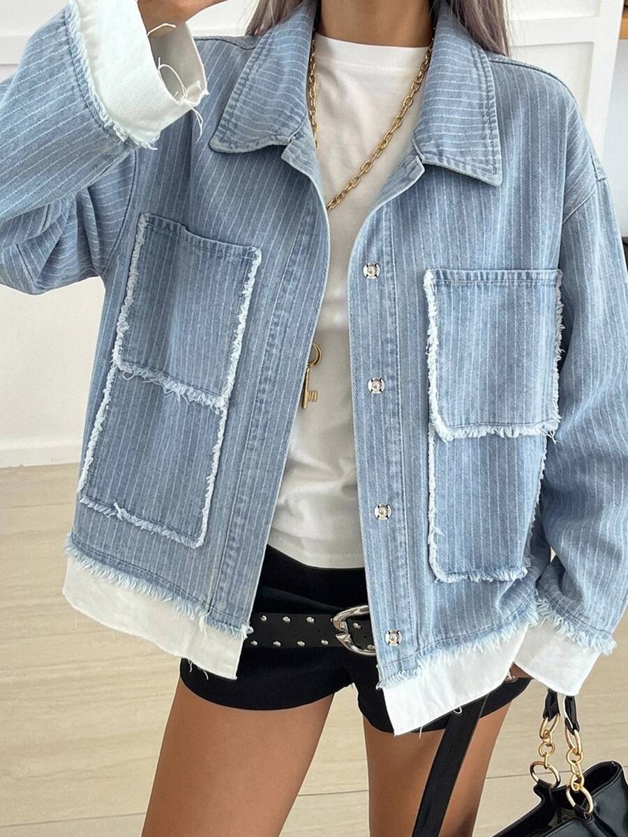 Livesso Women's Light Wash Blue Denim Jacket, Loose Fit, Short Length, Long Sleeve, Turn-Down Collar, Button Front, Pocket Decor, Autumn - Light Wash - View 1