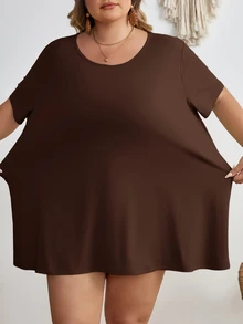 SHEIN CURVE+ 大尺碼女款純色圓領短袖休閒百搭T恤 - 棕色 - 查看 3