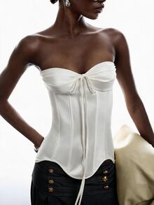 LYSMO Women's Casual White Bandeau Top With Front Tie - White - View 8
