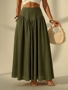SHEIN Tall 女款休閒純色長裙，適合度假穿著 - 軍綠色 - 查看 4