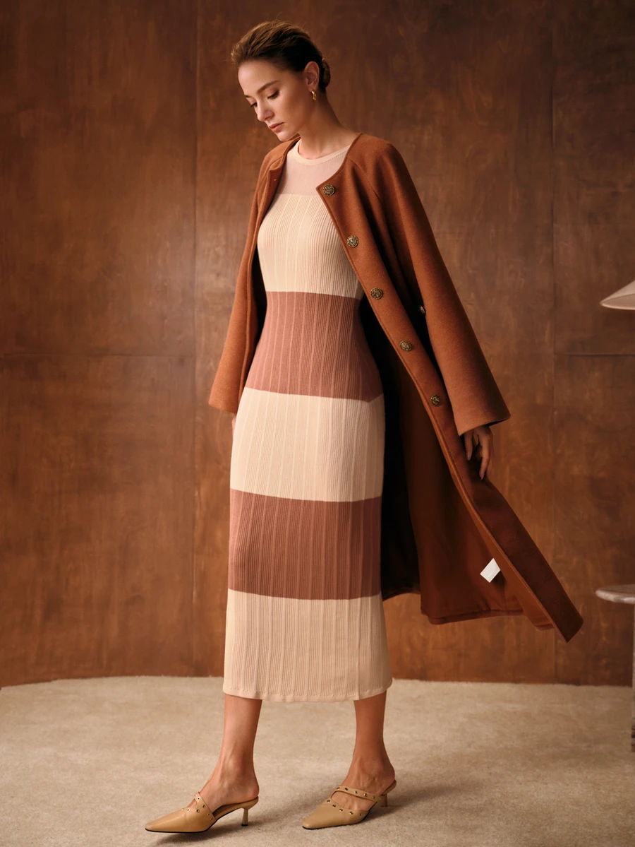MOTF PREMIUM WOMEN'S GENTLE STYLE STRIPED COLORBLOCK LONG SLEEVE SWEATER DRESS - Apricot - View 1