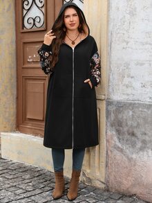 EMERY ROSE Plus Size Women's Floral Print Drop Shoulder Long Sleeve Zipper Front Thermal Lined Hooded Jacket - Black - View 4