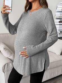 SHEIN 孕婦純色圓領長袖羅紋休閒哺乳T恤 秋季 - 淺灰色 - 查看 8