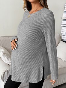 SHEIN 孕婦純色圓領長袖羅紋休閒哺乳T恤 秋季 - 淺灰色 - 查看 3