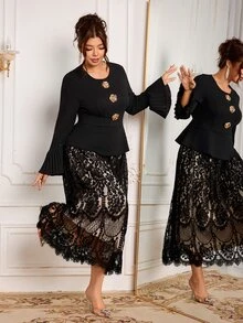 Modelyn Elegant Solid Color Knit Contrast Lace Round Neck Long Sleeve Waist-Cinching A-Line Regular Fit Spring/Autumn Plus Size Dress - Black - View 3