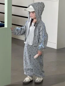 Dazy Kids Young Girls' Loose Hooded Floral Bow Decor + Long Pants Casual Cute 2 Pieces Sweatshirt Set Fall Hoodies - Light Grey - View 1