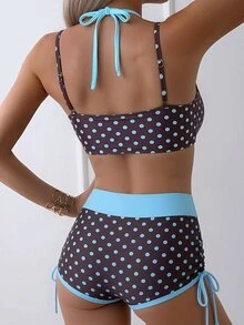 Bonvoyette Women's Summer Beach Vacation Blue And Brown Polka-Dot Print Layered Bikini Set,2-In-1 Bikini Top And Drawstring Beach Shorts - Multicolor - View 2