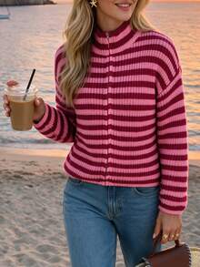Sylviya Cardigan Rajut Wanita Kasual dengan Resleting dan Motif Garis-Garis Warna-warni - MultiWarna - View 4