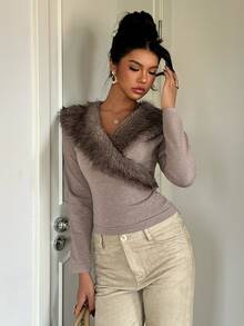Aloruh Women's Autumn/Winter Khaki Fur Collar Sweater, Warm Slim Fit Sweater Going Out Tops Cropped Top Long Sleeve Sweaters Women's Sweater - Khaki - View 6