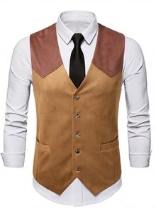 Manfinity Nomadique Men's Contrast Color V-Neck Single-Breasted Casual Suit Vest - Camel - View 5