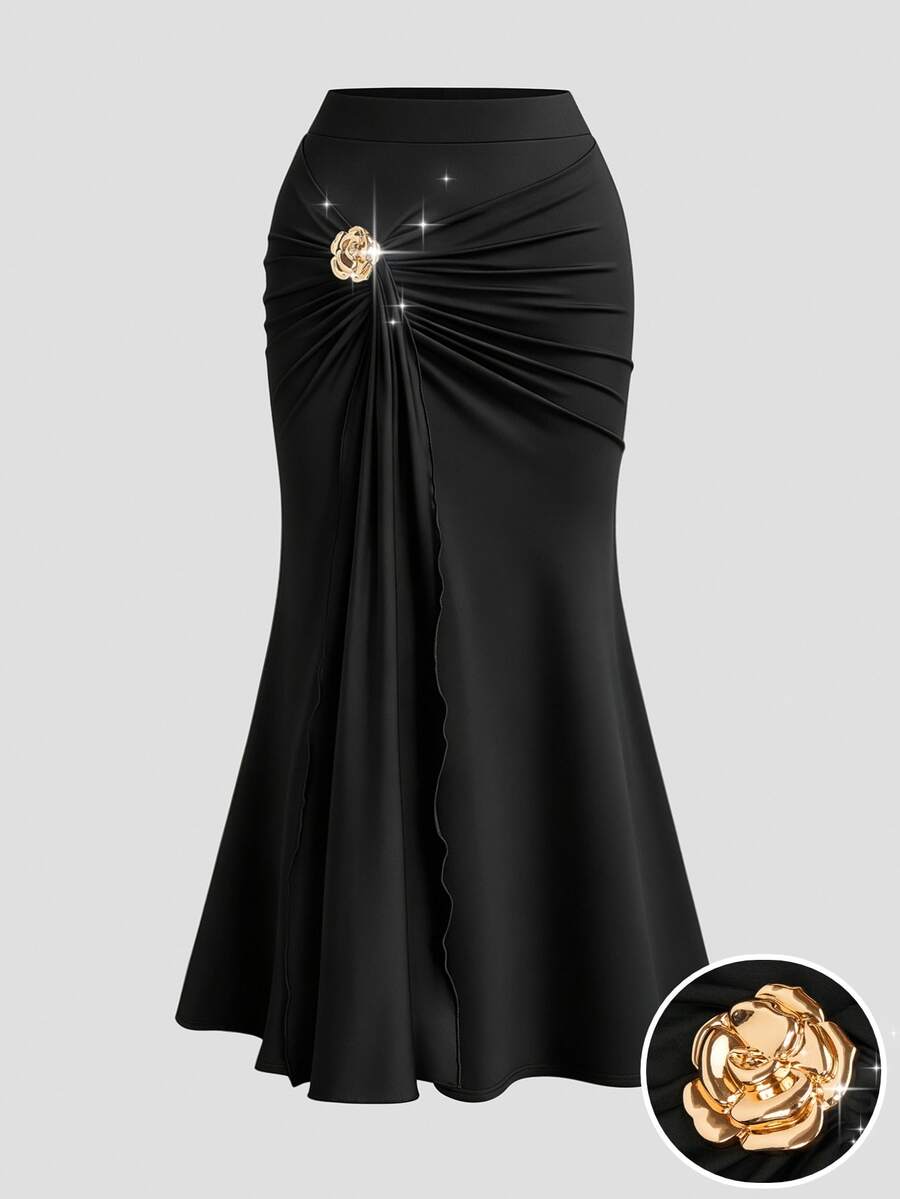 Sweetra Plus Size Black Knitted Ruched Skirt With Ribbon, Camellia Decor, Hip-Covering Mermaid Skirt, Commuter Versatile Skirt Fall - Black - View 1