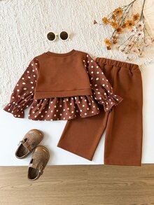 SHEIN 2件組棕色女嬰休閒羅紋波點長袖喇叭褲套裝 秋季 - 棕色 - 查看 2