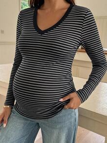 SHEIN Maternity Simple Versatile Striped Colorblock Long Sleeve T-Shirt - Grey - View 3