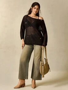 Nubod Sweater Kasual Wanita Ukuran Besar Warna Polos Bahu Asimetris untuk Sehari-hari di Musim Gugur - Hitam - View 5