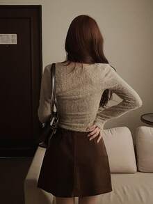 DAZY Beige Square Neck Black Tie Bow Button Fitted Long Sleeve Fuzzy Sweet Knitted Top Fall - Khaki - View 2