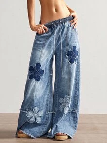Bohemela Women's Drawstring Waist Floral Print Casual Daily Wear Long Pants - Blue - View 8