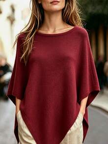 SHEIN Women's Solid Color Round Neck Asymmetrical Hem Loose Sweater - Burgundy - View 5