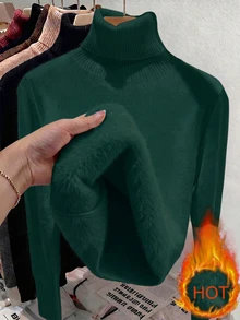 Franclia European And American Autumn/Winter Fashion All-Match Versatile High Neck Thick Fleece One-Piece Slim Fit Long Sleeve Inner Layer Base Knit Sweater - Dark Green - View 1