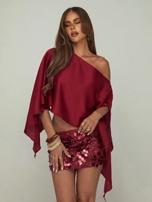 Aloruh Women's Elegant Party Asymmetric Neckline Top & Sequin Skirt 2 Pieces Set - Burgundy - View 1