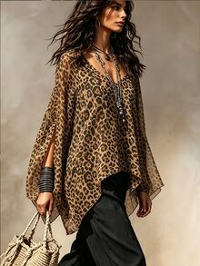 SHEIN 新款女款豹紋百搭顯瘦開衩袖時尚襯衫 - 咖啡棕 - 查看 5