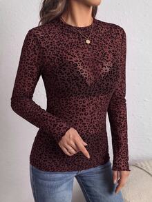 SHEIN PETITE CURVE 大尺碼女款性感透視豹紋長袖上衣 - 酒紅色 - 查看 3