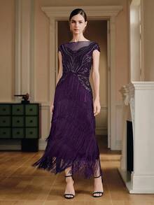 Anewsta Women's Best-Selling Bohemian Style High-End Banquet Patchwork Tassel Beaded Dress - Purple - View 3