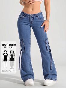 SHEIN PETITE Celana Jeans Denim Model Bell Bottom Pinggang Rendah Kasual dengan Desain Washed - Biru - View 7