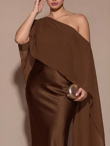 SHEIN BAE CURVE 大尺碼女款優雅長款不對稱單肩洋裝 - 摩卡棕 - 查看 3
