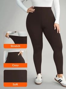 SHEIN CURVE+ 大尺碼女款休閒純色內搭褲，百搭簡約，適合上班/辦公室/健身房，秋冬保暖內搭褲 - 棕色 - 查看 6