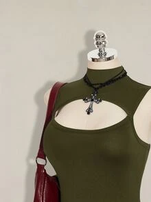 SHEIN ICON 女款大尺碼鏤空設計立領無袖連身衣 - 軍綠色 - 查看 6