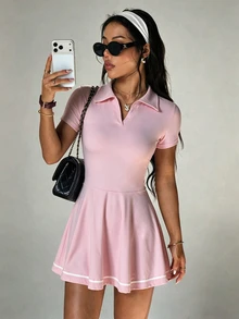 CourtClass Women's Casual Striped Colorblock Short Sleeve Dress, Shorts Sports Set - Pink - View 4
