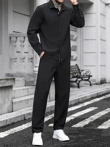 Manfinity CasualCool 男士純色長袖襯衫與長褲休閒日常穿搭 - 黑色 - 查看 3