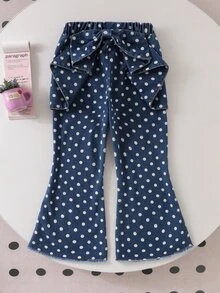 波點牛仔喇叭褲附後方蝴蝶結、毛邊褲腳，兒童春秋休閒套裝，女孩時尚日常穿搭 - 藍色 - 查看 4