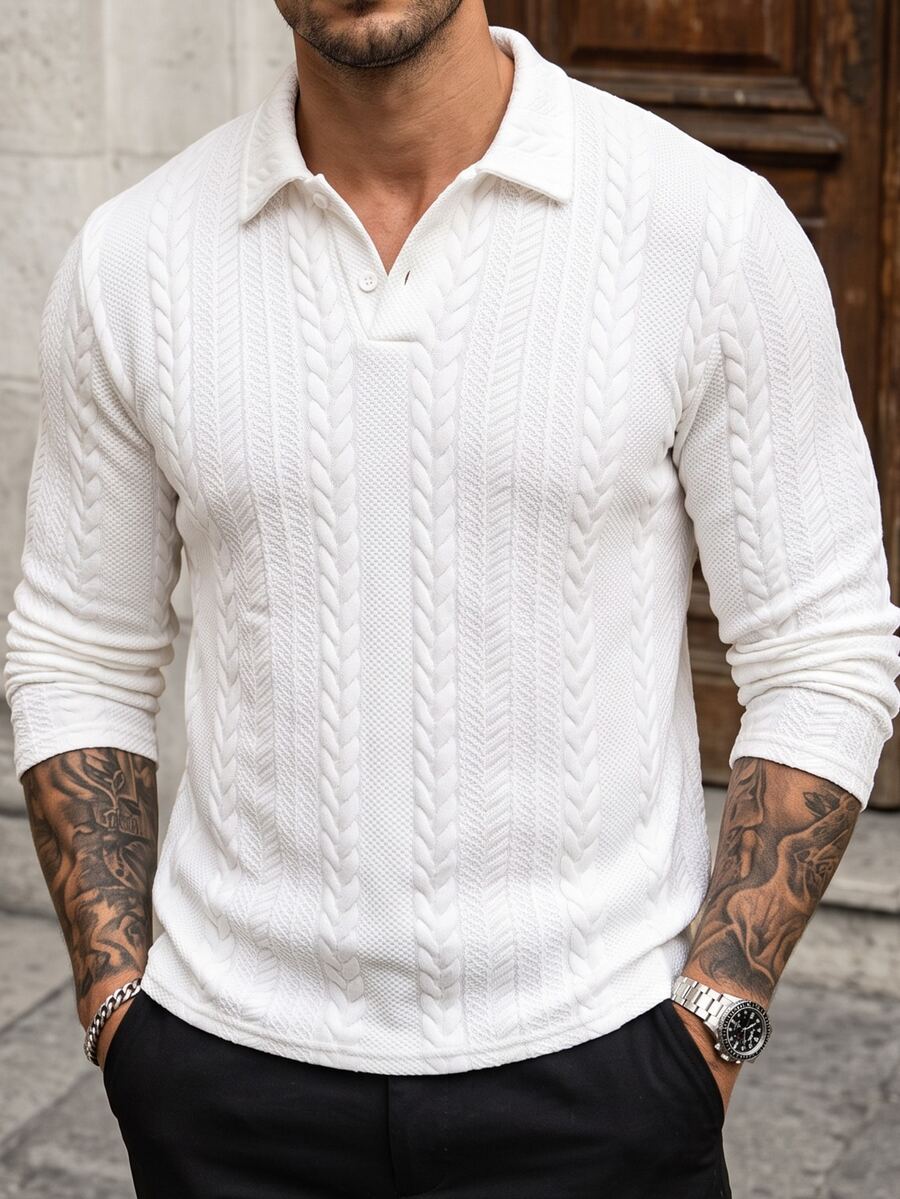 Manfinity CasualCool Men Solid Collar Long Sleeve Plain Polo Shirt, For Work, For Golf, For Fall, Formal - White - View 1