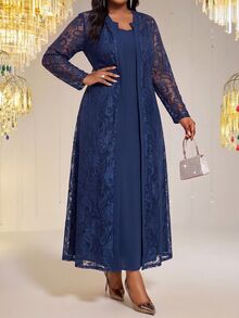 Fleurora Plus Size Women Solid Color Spaghetti Strap Dress And Lace Cardigan Fashion 2 Pieces Set - Navy Blue - View 4