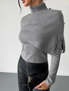 Firerie Women's Solid Color High Neck Long Sleeve Button Design Asymmetrical Sweater - Dark Grey - View 5