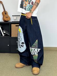 STEELVANCE Streetwear Vintage Fashion Versatile Distressed Washed Rivet Print Design Loose Straight Wide Leg Casual Denim Jeans (Belt And Accessories Not Included) - Blue - View 5