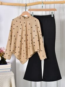 SHEIN Elladie kids Tween女孩 春/秋/冬休閒T恤套裝，設計感不對稱套頭高領針織羅紋刷毛布料卡其色純色長袖T恤上衣，搭配卡其色休閒喇叭褲，2件套，適合春/秋/冬返校季，優雅簡約通勤高級感穿搭，適用日常上學、外出、度假與派對 - 卡其色 - 查看 7