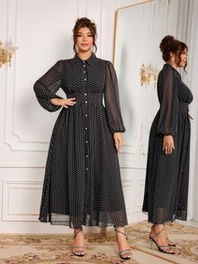 Modelyn Elegant Polka Dot Print Long Sleeve Cinched Waist A-Line Regular Fit Plus Size Dress For Spring And Autumn - Black - View 3