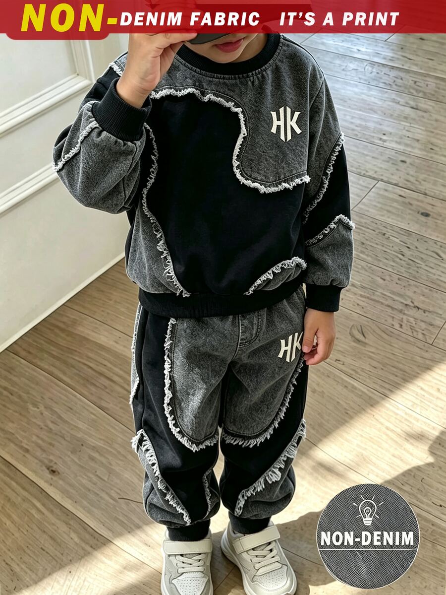 2件組 青少年男孩時尚簡約舒適圓領運動衫與運動長褲套裝,印花Logo設計,適合假期派對、休閒聚會,5-15°C男孩春/秋/冬首選,街頭風,校園與派對休閒穿搭 - 粉色 - 查看 1