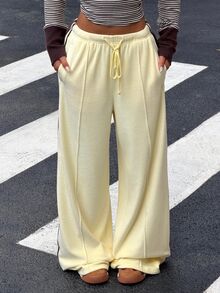Muchica Women's Striped Colorblock Embroidered Drawstring Waist Sweatpants Comfortable Yellow Striped Casual Pants With Added Velvet, Autumn And Winter - Light Yellow - View 4